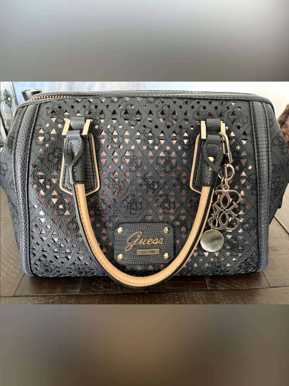 Guess Black Satchel with Beige Trim and Gold Hardware
